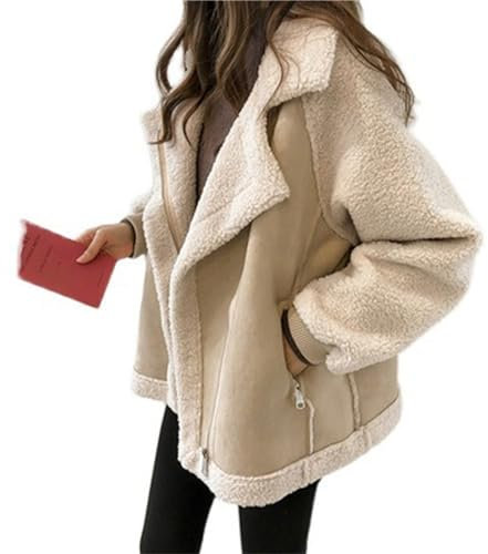 EGSDMNVSQ Winterjacke Damen Jacken Aus Lammwolle Mode Biker Revers Baumwolljacke Faux Wildleder Warme Reißverschluss Oberbekleidung Herbst Winter Langarm Lose Mantel
