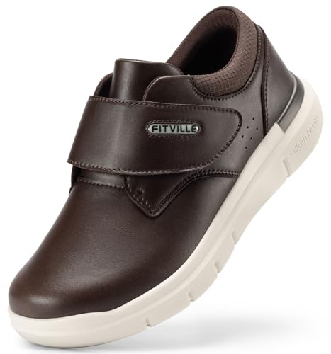 FitVille Diabetic Shoes for Men Extra Wide Comfortable Leather Walking Shoes Hook & Loop Orthopedic Dress Sneakers for Edema and Swollen Feet (X-Wide 9.5, Dark Brown)