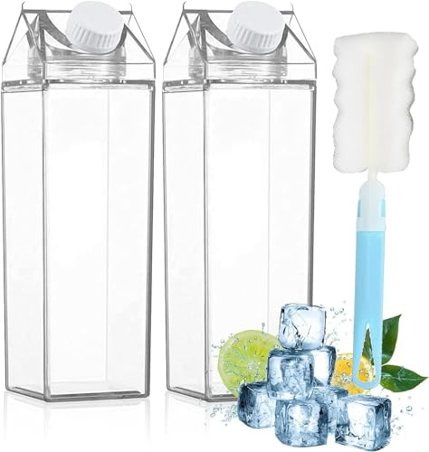 LATRAT 2 stycken Transparent mjölklåda, vattenflaska, återanvändbar mjölkkartong med koppskurare, för lagring av drycker, picknicks, camping, mjölk, apelsinjuice, öl i kylen, 1L