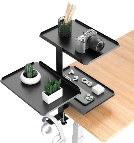 ROLIZOE Clamp On Desk Shelf Organiser with Adjustable Metal Tray & Headphone Stand 3 Tier Shelving Unit Above or Under Desk Storage No Drill Extender Shelves Anti-Slip Desktop Shelf for Home Office
