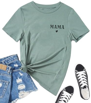 Women Maternity Nursing Shirt Funny Mama Shirt Cute Leopard Heart Graphic Tees Friendly Zip Maternity Breastfeeding Tops(XL, Green 1)