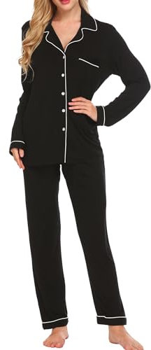 Ekouaer Damen Schlafanzug Lang Pyjama Set mit Knopfleiste Nachtwäsche Weich Sleepwear Oberteil und Pyjamahose Schwarz M