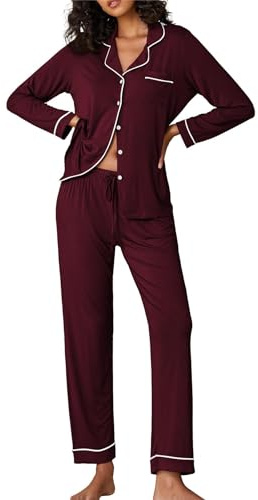 Ekouaer Ensemble Pyjama Long Femme Coton 2 Pièces - Haut de Nuit Col V et Pantalon Avec Patte de Boutonnage - Vin Rouge M