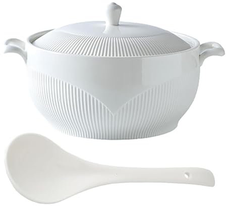 Vnook Soupière en céramique blanche avec doubles poignées, soupières à soupe en porcelaine avec couvercle et cuillères for la cuisine de restaurant à domicile