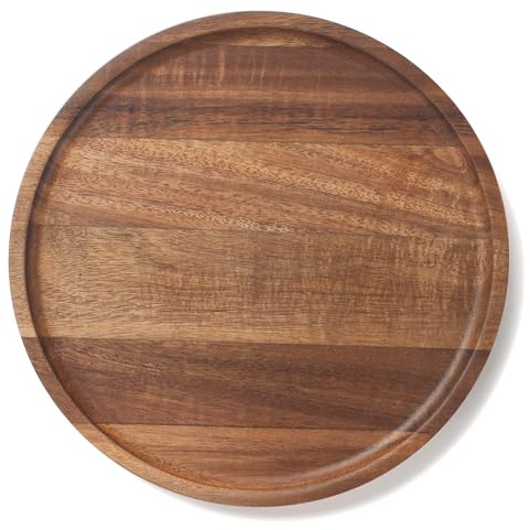Rund träbricka, dekorativ serveringsbricka i akaciaträ för koffeebord och heminredning, träbricka för aptitretare och charkuteritray för köksbänk (25 cm)