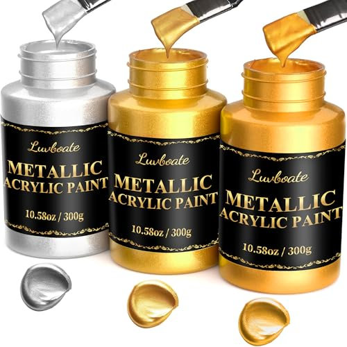 LUVBOATE Metallic Acrylfarbe, 3 Farben 24k Gold & Helles Gold & Silber 31,75oz(900g), Ungiftige, Nicht Verblassende Metallfarbe für Kunstmalerei auf Stoff, Leinwand, Holz, Ton, Kunsthandwerk
