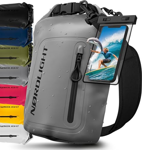 Nordlight Dry Bag Sacca Impermeabile + Custodia per Cellulare + Chiusura Arrotolabile, Tracolla | Zaino Impermeabile Sacca Stagna Borsa | Spiaggia, Canoa, SUP, Immersioni - Grigio, 10 Litri