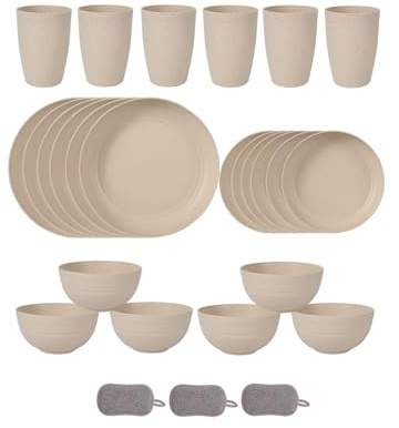 Servisset av plastskålar, okrossbara, återanvändbara, mikrovågsugns- och diskmaskinssäkra, perfekt för picknick, resor och julfester (beige, 24 stycken)