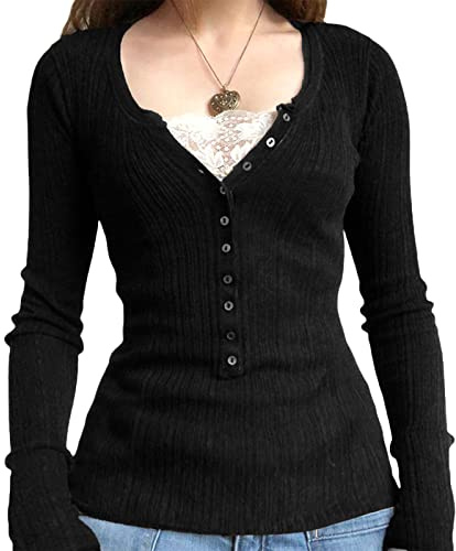 Women Long Sleeve Henley Top Casual Button Up Tunic Blouse Ribbed Slim Shirt Y2K Lace Patchwork Pullover Tops Fairy Grunge Vintage Tees