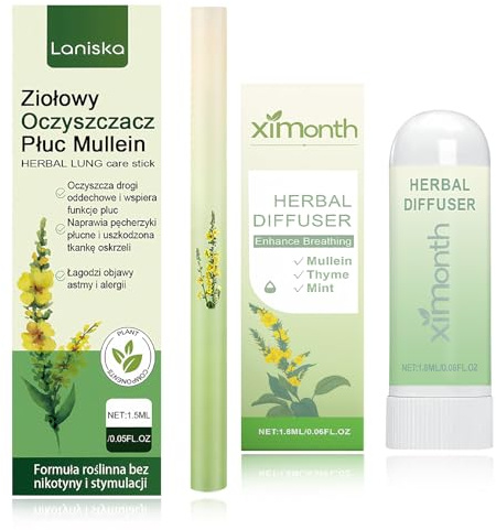 Set di 2 pulitori per polmoni e nasal Stick, Mullein Lung Purifier, Upgraded Herbals Diffuser Pen con menta e timo, penna per inalazione fresca