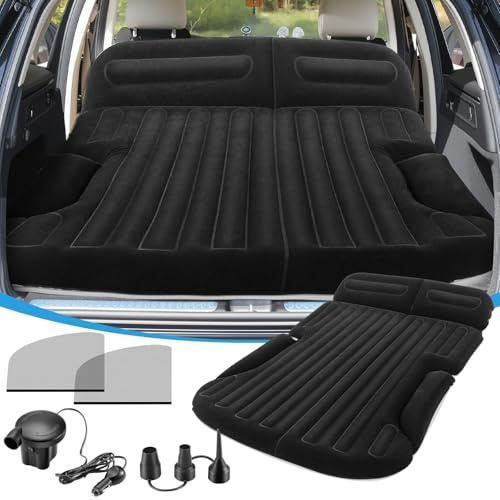 KMZ Matelas pneumatique pour SUV avec pompe électrique, lit de camping double face épais et floqué, inclut 2 oreillers et 2 moustiquaires pour fenêtres, matelas gonflable de voyage pour coffre et
