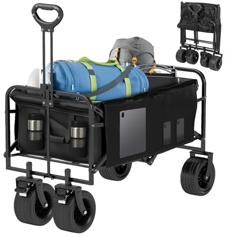 Folding Wagon Cart, Heavy Duty 330 LBS Capacity Collapsible Utility Wagon with All-Terrain Wheels & Brakes, 100L Large Capacity Portable Outdoor Wagon for Camping, Grocery, Shopping, Garden, Beach