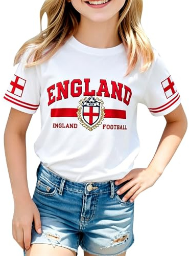 2026 Kids Girls Football England 2026 T-Shirt Casual Classic Jersey England Flag Design Perfect Short Sleeve Crew Neck Sport Tops for Football Fans Comfortable Fit