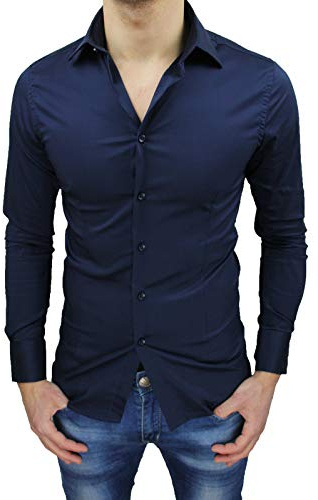 Camicia Uomo Sartoriale Blu Casual Elegante Slim Fit (M)
