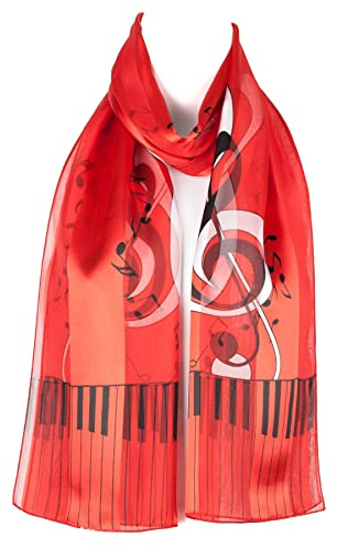 Hat To Socks Sciarpa in Chiffon Satinato Premium con Stampa Note Musicali e Pianoforte da Donna - Prodotta in Corea, Stola Leggera e Trasparente, Elegante e Morbida (Rosso)