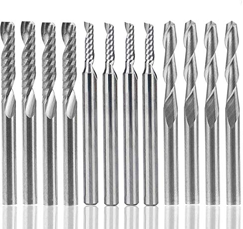 12 PCS Carbide END Mill Cutter, AFUNTA 4 PCS 1/8 CNC Router Bits Double Flute Tools + 8 PCS 1 Flute Single Edged Milling Cutter (2 Types) for Nylon, Resin, ABS, Acrylic, PVC, MDF, Hardwood