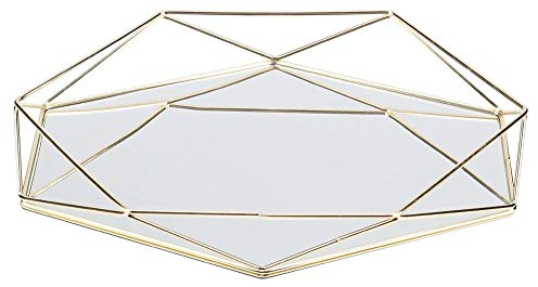 MAGT Spiegel-Tablett, goldfarben, Aufbewahrungstablett aus Glas, dekorativ, aus Glas, aus Metall, goldfarben, Vintage, flach, Service für Badezimmerdekoration, Make-up, Schminktisch