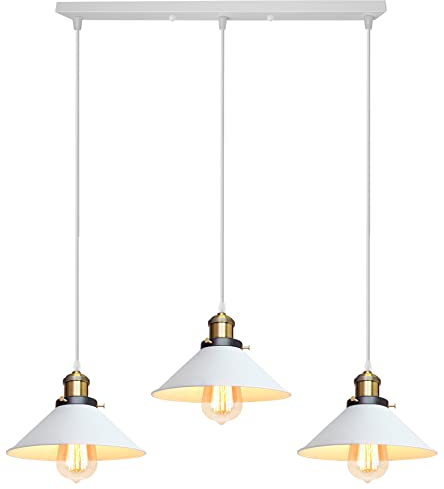 iDEGU 3 Luces Lámpara Colgante Vintage Lámpara de Techo Industrial Pantalla de Lámpara 22CM Diseño Retro Metal E27 Iluminación Colgante para para Comedor Cocina Salón Bar (Blanco)