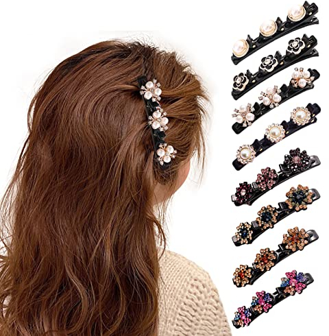 Lot de 8 barrettes à cheveux en forme de colibri avec fleur en cristal, pour femme, mode xiacibdus, en tissu satin, bec de canard, pinces à cheveux tressées, cadeau pour petite amie
