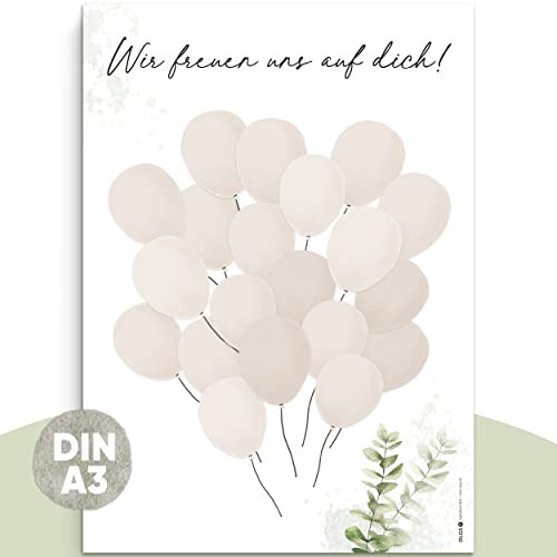 OLGS Gästebild Luftballons DIN A3 für Babyparty Taufe Kindergeburtstag | Gästebuch Alternative Babyshower Deko | Gender Reveal Party Poster für Junge & Mädchen | Baby Taufgeschenk - Eucalyptus