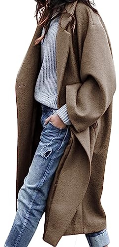 UANEO Women's Wool Blend Coat Oversized Double Breasted Long Trench Overcoat Winter (Khaki-M)