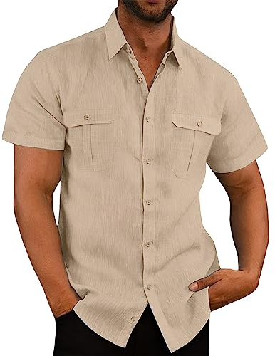 VUIOYRG Stretch Short Sleeve Shirt with Pockets,Men's Summer Cotton Button Down Casual Shirts,Plain Regular Fit Casual Business Shirt, Lightweight Beach Tops (Apricot,M)