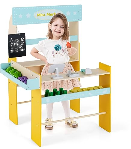 GOPLUS Kinder Kaufladen, Kaufmannsladen mit Spielkasse, hängender Tafel, Theke, Seitentheke & 36 TLG. Zubehör, inkl. Obst & Gemüse, Mini Supermarkt für Kinder ab 3 Jahren zum Rollenspiel