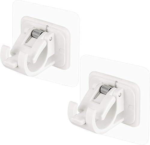 2Pcs White Nail-Free Adjustable Curtain Rod Holder Drill Curtain Rod Brackets No Drilling Clamp Hooks Rod Bracket Holders Glue Wall Curtain Fixed Clip Hanging Rack Hook Hangers for Bathroom Kitchen
