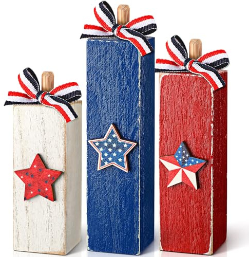 BBTO 3 Pcs 4th of July Red White Blue Table Decor Patriotic Farmhouse Wooden Block Signs for Home Office Independence Day Tiered Tray Decor American Tabletop Centerpiece for 250th Anniversary