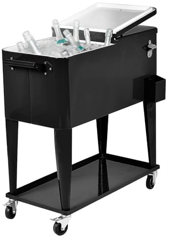 COSTWAY Carrito Nevera 76L Carro Portátil para Bebidas y Hielo con Ruedas, Sacacorchos (Negro- con Estante)