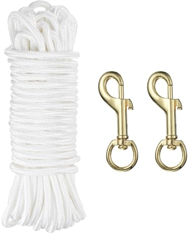 sourcing map 50Ft Flag Pole Rope Kit, Flag Pole Halyards Rope 15/64 Thick with 2 Pcs Zinc Alloy Swivel Flagpoles Clips Hook, Nylon Flagpole Line Rope White
