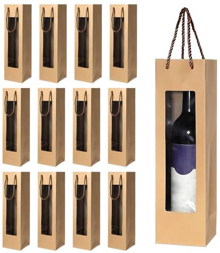 Weinflaschenbeutel aus Kraftpapier, 12 Stück Geschenktasche Flasche Flaschentüten Mit Fenster, Flaschentüten Geschenktüte mit Griff, Kraft Wein Organize, Geschenktüten, Für Hochzeit, Party (Braun)