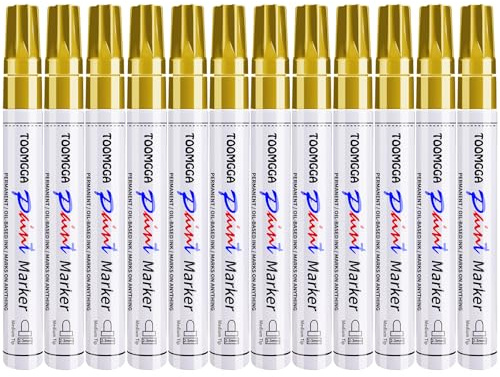Gold Paint Pens Permanent Paint Markers 12 Pack Oil Based Markers, Quick Drying and Waterproof Marker Pen, Car Tire, Metal, Rock Painting, Wood, Ceramic, Plastic, Canvas, Mugs, Medium Tip