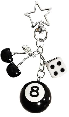 FloralGrace 1 Piece Black Lucky Dice Keyring, 8 Ball Keychain, Cherry Bag Pendant with Star for Men and Women, Cute Y2K Accessory