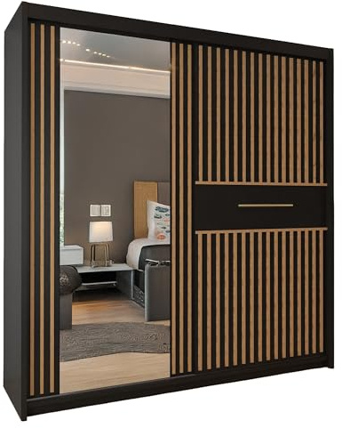 MN Furniture Sliding Door Wardrobe with Mirror | MDF Chipboard | Hanging Rails & Multi-Tier Shelves | Black or White with Votan Oak Strip | 150cm & 203cm | Bedroom Wardrobe (Black/Votan, 203cm)
