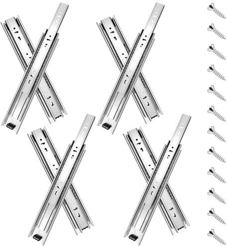 Sulawskys 4 paires glissières de tiroir 35 cm (8 pièces),glissiere pour tiroir, montage latéral,extension complète,coulisse tiroir avec roulements à billes, capacité de 45 kg, argent