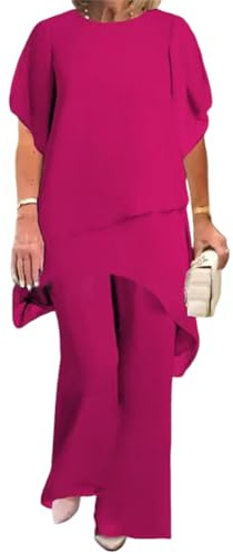 Conjunto de dos piezas de vestido de noche elegante de gasa y tul para mujer blusa y pantalón de talla grande para bodas cócteles festivales gasa pantalones anchos de pierna (La Rosa Roja,3XL)