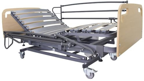 Lit articulé gériatrique électrique 4 plans avec élévateur à ciseaux – Double moteur Care IPX4 | 90 x 190 cm, hauteur réglable de 40 à 80 cm, roues de 100 mm avec frein et télécommande portable