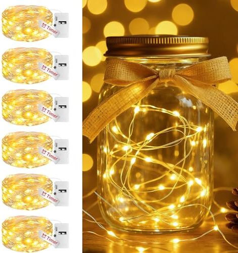 btfarm Lot de 6 Mini Guirlande Led à Pile avec Minuterie, 2M 20 LED Petite Guirlande Lumineuse avec 3 Modes Étanche pour Interieur Chambre Mariage Fête Noël Bouteille Décoration, Blanc Chaud