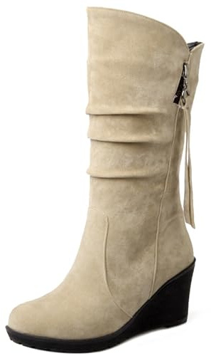LarDorLin Mujer Sin Cordones Media Pierna Tacón de Cuña Botas Slouchy Punta Rojoonda Comodo Plataforma Invierno Warm Snow Botín Beige/DL Talla 39 EU (40 CN)