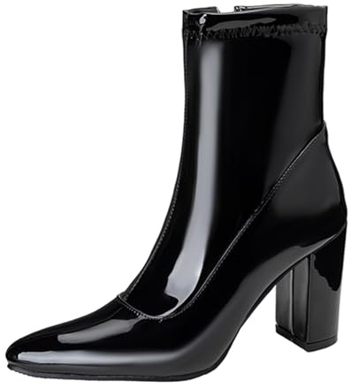 Smilice Botines para mujer de charol, tacón de bloque de 8,5 cm y cremallera lateral para invierno y cena, Negro , 38 EU