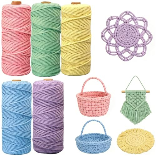 5 Rolls of Macrame Cord, 3mm x 272 Yards Macrame Yarn, Colourful Cotton Rope for Hanging, Plant Hangers, DIY Crafts, Knitting (Multi-Coloured C)