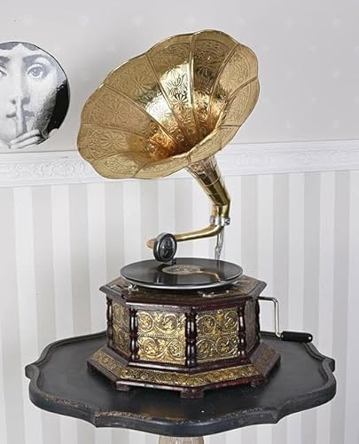 Reproductor de gramófono original/de trabajo, 8 gp, madera, latón, soporte de grabación de 78 rpm, manual (accionado por resorte), disco, estilo antiguo, ideal para decoración del hogar