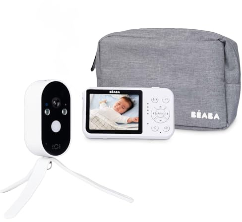 BÉABA, Wifi-fri video babyphone - 36 timmars batterikamera, 2,8 tums skärm, nattsyn, 0 vågor, VOX, nattlampa, walkie-talkie, flexibelt stativ, nomad babymonitor, Zen Travel, vit