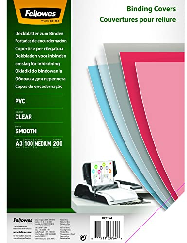 Fellowes PVC Deckblatt für Plastikbindung und Drahtbindung - Stärke 200 Mikron - transparent - Format DIN A3 - Packung mit 100 Stück