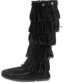 Minnetonka Women's 5-Layer Fringe Boot,Black,8 M US