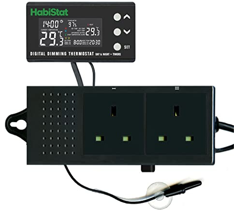 HabiStat Digital Temperature Thermostat Timer (600W) - Reptile Vivarium Temperature Controller with Dual Socket Waterproof Sensor, Heat Mat Heater with Lighting & Timer