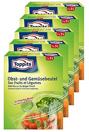 Toppits Obst- und Gemüse-Beutel 7x3 Liter, Hält bis zu 3x länger frisch, Wiederverwendbar, SafeLoc Verschluss, Kunststoff, 5er Pack