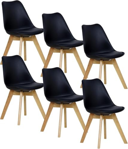 WOLTU Lot de 6 Chaises de Salle à Manger avec Siège Rembourré, Chaise de Salon Scandinave sur Pieds en Bois Massif, Noir, BH29sz-6