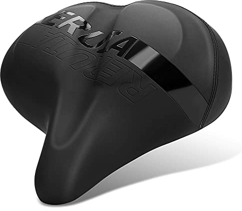 RERUIA Large Bike Seat Comfortable and Wide Saddle Dual Shock Absorbing Exercise Bicycle Seat Leather Cover Waterproof Universal Fit for Outdoor Indoor Cycling Men Women Seniors Replacement Part